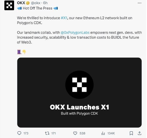 OKX เปิดตัว “X1” เครือข่าย zKEVM สำหรับ Ethereum เลเยอร์ 2 สร้างขึ้นโดยใช้ Polygon chain (CDK)