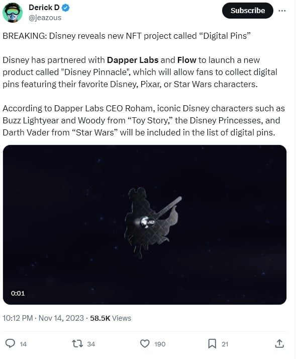 Disney เตรียมเปิดตัว "Disney Pinnacle" แพลตฟอร์ม NFT ที่ร่วมมือกับ Dapper Labs ปลายปีนี้