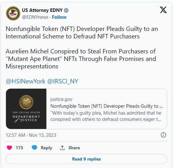 คุก 5 ปี! ผู้สร้าง Mutant Ape Planet NFT หลังรับสารภาพว่า "Rug pull" และร่วมกันฉ้อโกงเงินนักลงทุนกว่า 100 ล้านบาท