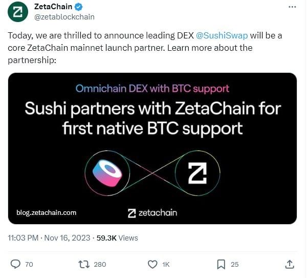 Sushi ร่วมมือกับ ZetaChain เพื่อทดสอบ Bitcoin DeFi Swap