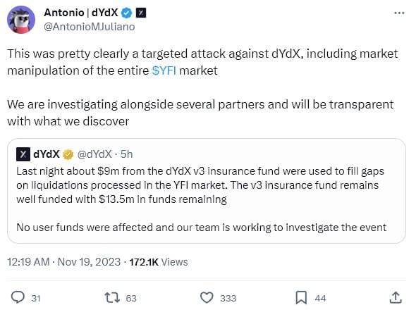 ผู้ก่อตั้ง dYdX อ้างว่า โทเค็น Yearn Finance (YFI) โดนป่วนราคา จนต้องใช้เงินในกองทุนประกันกว่า 318 ล้านบาท มาครอบคลุมความเสียหาย