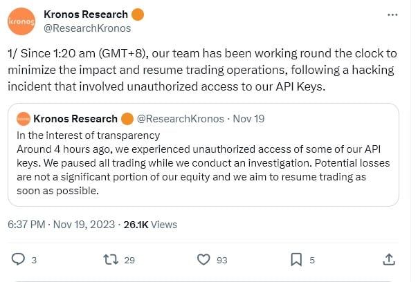 Kronos Research ของไต้หวัน ถูกโจมตี API key คาดเสียหายกว่า 912 ล้านบาท