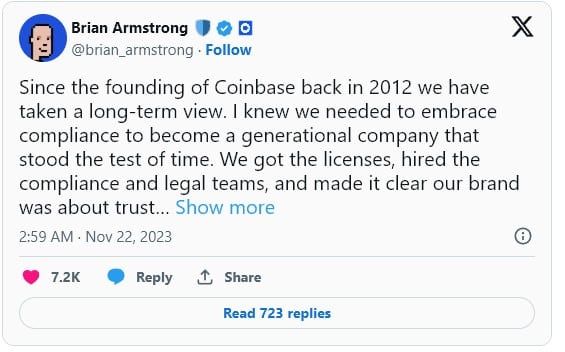 "การถูกฟ้องของ Binance พิสูจน์ว่า 'การปฏิบัติตามกฎ' เป็นการตัดสินใจที่ถูกต้อง — CEO ของ Coinbase กล่าว