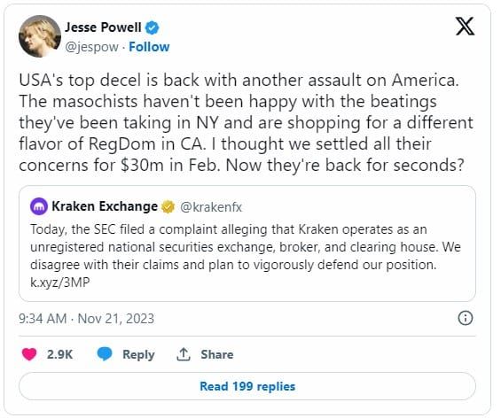 ผู้ร่วมก่อตั้ง Kraken ด่า ก.ล.ต.สหรัฐฯ ว่าเป็น "พวกขวางความเจริญ" พร้อมเตือนบริษัทอื่นให้รีบหนีออกจากสหรัฐฯ