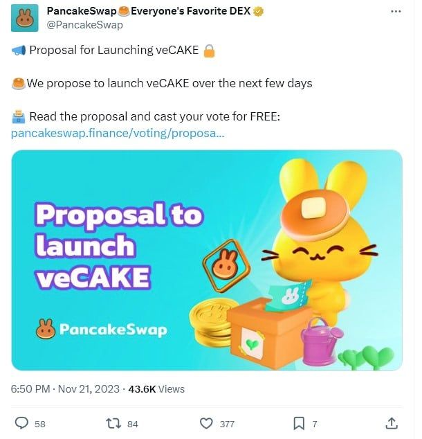PancakeSwap เสนอการเปิดตัว veCAKE เพื่อเพิ่มอิทธิพลการกำกับดูแลและสภาพคล่อง