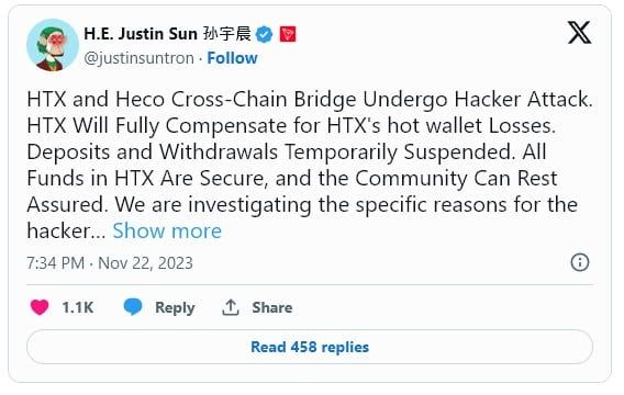 HTX โดนแฮ็ก สูญเงินประมาณ 479 ล้านบาท! ด้าน จัสติน ซัน ยืนยัน เงินผู้ใช้ยังปลอดภัย