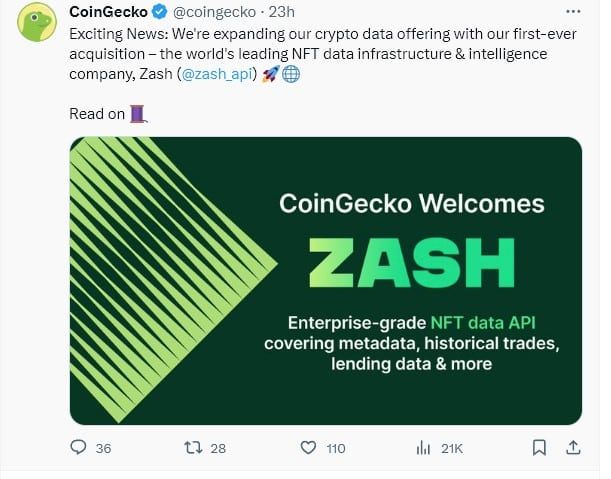 CoinGecko ประกาศการเข้าซื้อกิจการ Zash สตาร์ทอัพ NFT ชั้นนำ...เชื่อตลาด NFT ยังไม่ตายและจะกลับมาได้