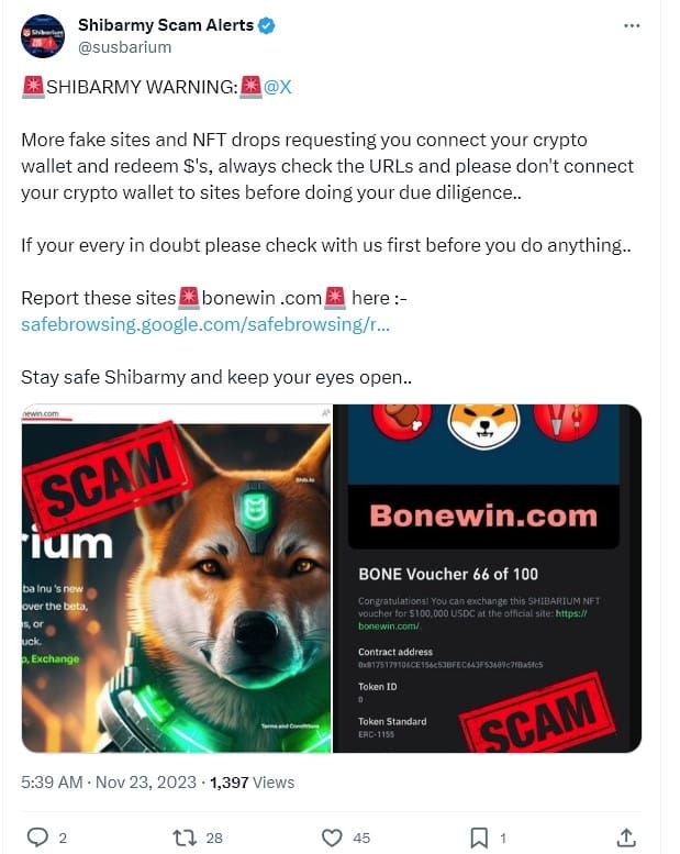 ชุมชน Shiba Inu (SHIB) เตือนระวังเกี่ยวกับเว็บไซต์ปลอมจำนวนมากและ NFT airdrops หลอกลวง
