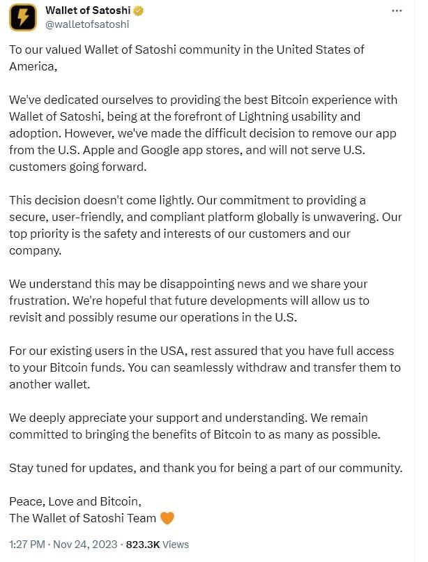 "Wallet of Satoshi" ผู้ให้บริการกระเป๋า Bitcoin Lightning รายใหญ่ ประกาศออกจากตลาดสหรัฐฯ ยืนยันจะไม่ให้บริการลูกค้าในประเทศนี้อีกต่อไป