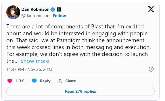 "เราไม่เห็นด้วยกับแนวทางของ Blast ที่เปิดตัวบริดจ์ก่อน L-2" Paradigm บริษัท VC ที่ลงทุนใน Blast กล่าว