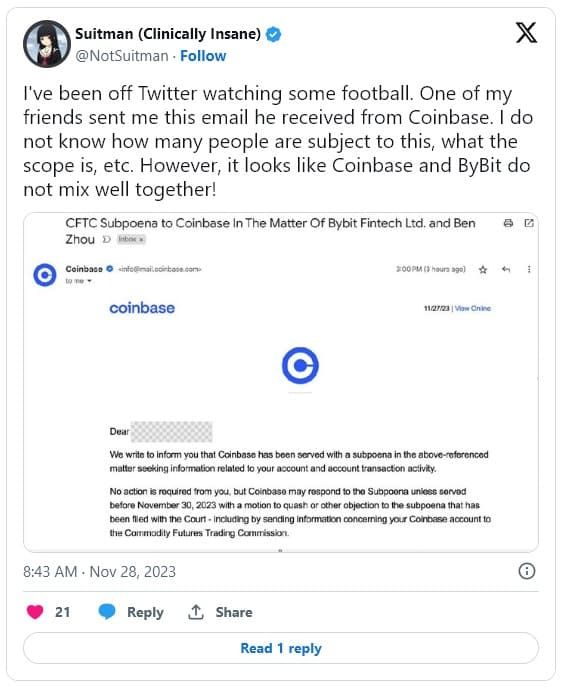 Coinbase เตือนลูกค้า หลังได้หมายศาลขอข้อมูลในการสอบสวน Bybit ของ CFTC