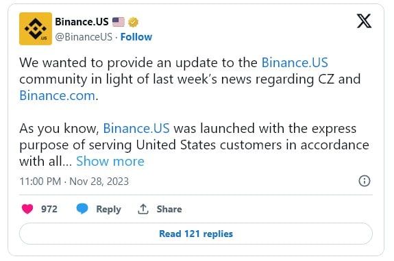 Changpeng Zhao ประกาศก้าวลงจากตำแหน่ง "ประธาน Binance US"