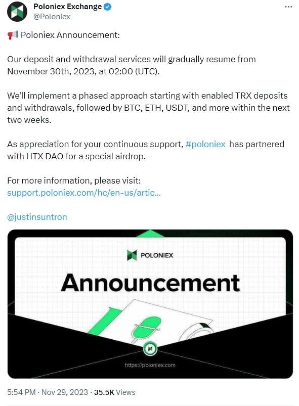 Poloniex เตรียมกลับมาเปิดฝาก/ถอนเงินอีกครั้ง วันนี้ตอน 9 โมงเช้า