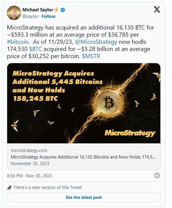 MicroStrategy ซื้ออีก 16,130 Bitcoin มูลค่ากว่า 21,100 ล้านบาท ยอดถือรวม 174,530 Bitcoin