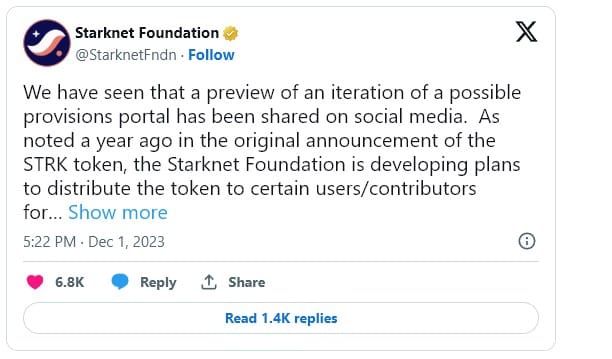 Starknet เตือนหลังมีภาพหลุดเรื่องการแจกจ่ายโทเค็น พร้อมย้ำแผนยังอยู่ระหว่างการพัฒนา