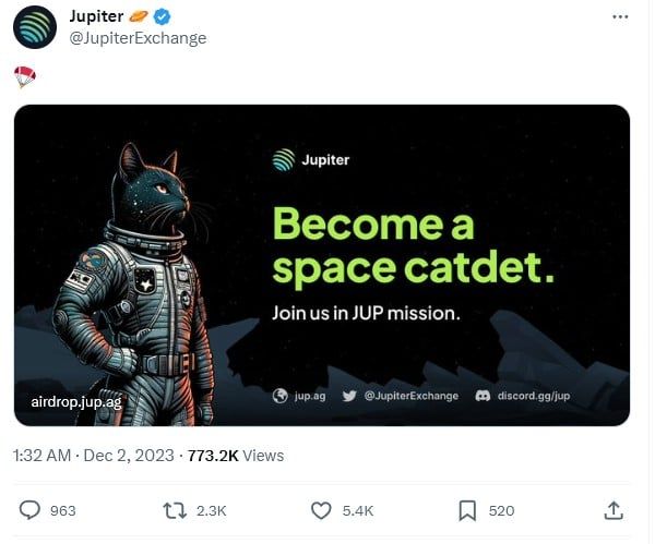 Jupiter ประกาศเริ่มต้นแจก Airdrop โทเค็น โดยช่วงแรกจะแจก 10% ของ Supply