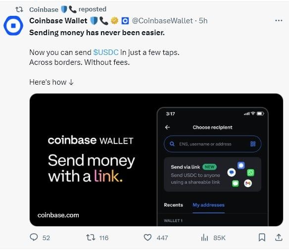 Coinbase เปิดตัวบริการโอนเงินผ่านลิงก์ที่ส่งบน WhatsApp, TikTok และ Instagram