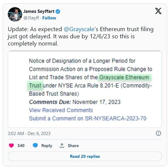 ก.ล.ต.สหรัฐฯ ขยายกำหนดการตัดสิน Spot Ether ETF ของ Grayscale ออกไปเป็น 25 มกราคม 2024