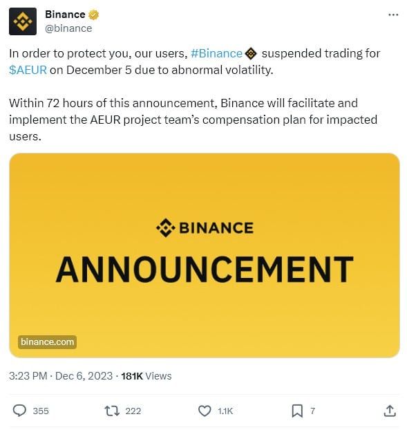 Binance ระงับการซื้อขายเหรียญ Anchored Coins Euro (AEUR) Stablecoin หลังราคาพุ่งขึ้น 200%