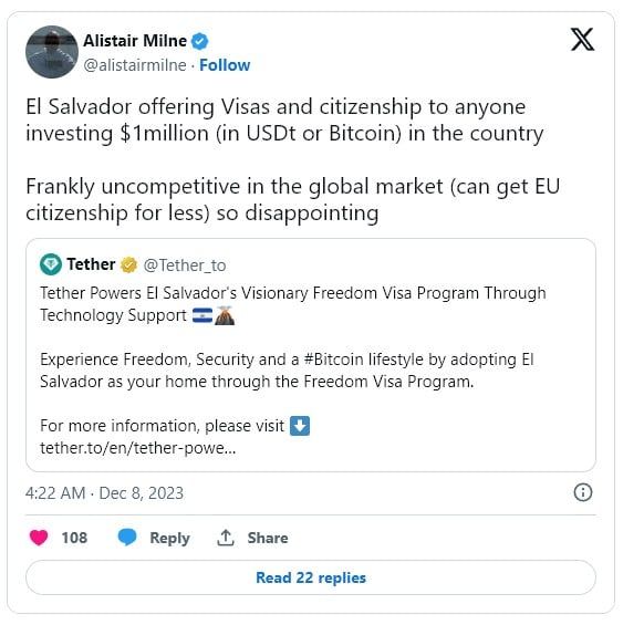 เอลซัลวาดอร์ เปิดตัวโครงการ BTC 'Freedom Visa' - แต่ราคาแพงกว่าประเทศอื่นถึง 10 เท่า