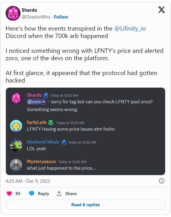 สภาพคล่องในพูล Lifinity (LFNTY)-USDC ถูกถอนออกไป โดย Arbitrage Bot