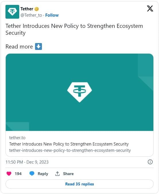 Tether ประกาศนโยบาย "การอายัดกระเป๋า" สำหรับผู้ที่ถูกคว่ำบาตรโดย OFAC