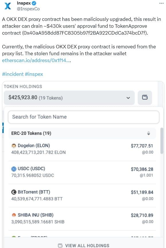 OKX DEX ถูกแฮ็กผ่านกระเป๋าเงินพร็อกซี เสียหายประมาณ 15 ล้านบาท