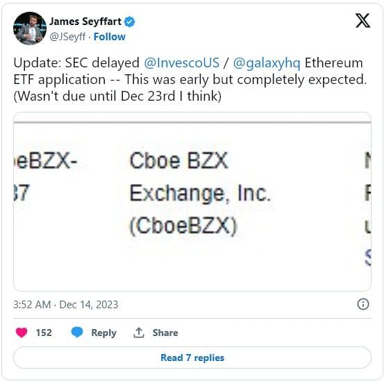 ก.ล.ต.สหรัฐฯ เลื่อนการตัดสินใจ Spot Ethereum ETF ของ Invesco และ Galaxy ไปเป็น 6 กุมภาพันธ์ 2024