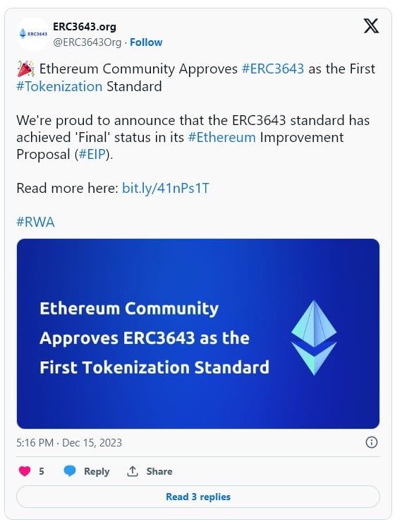 ข้อเสนอ ERC-3643 ของ Ethereum มาถึงขั้นสุดท้ายแล้ว และจะเป็นมาตรฐานของการ Tokenization