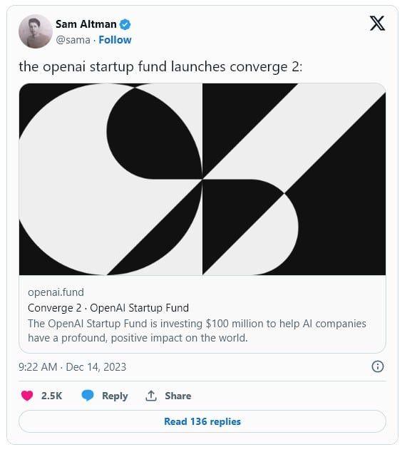 OpenAI ประกาศ "กองทุนสตาร์ทอัพ AI" รอบ 2 โดยจะลงทุน 1 ล้านดอลล่าร์ ให้กับผู้เข้าร่วม 15 รายที่ได้รับเลือก