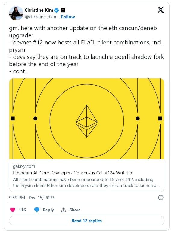 นักพัฒนา Ethereum เผยเหตุการณ์สำคัญสำหรับการอัพเกรด Dencun ก่อนสิ้นปี 2023