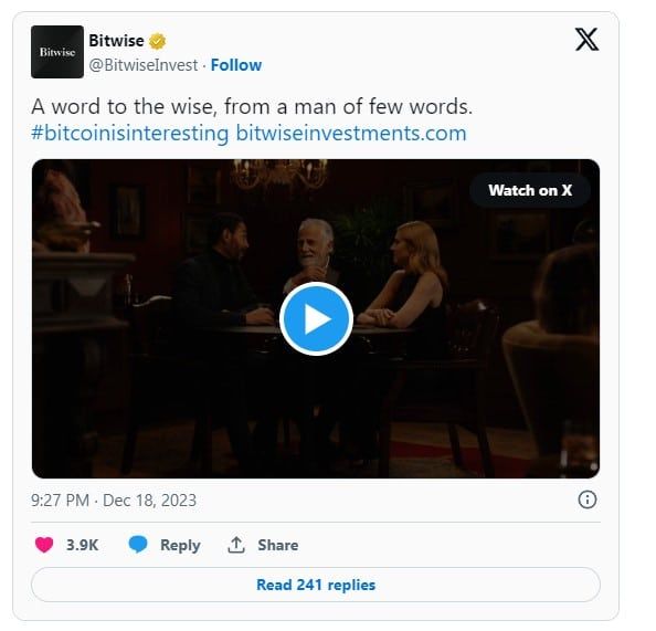 Bitwise เปิดตัวแคมเปญโฆษณา Crypto ETF พร้อมด้วย Jonathan Goldsmith 'ชายที่น่าสนใจที่สุดในโลก'