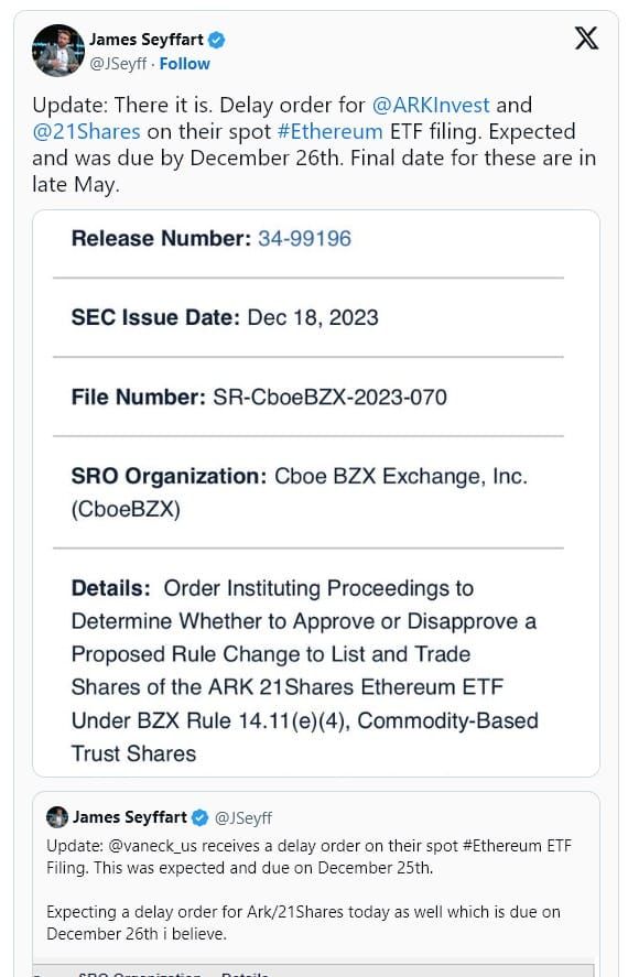 ก.ล.ต.สหรัฐฯ ชะลอการตัดสิน ETF ของ Ethereum หลายรายการ ไปจนถึงเดือนพฤษภาคมปีหน้า
