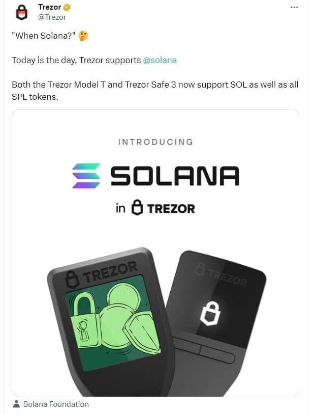 Trezor ประกาศเพิ่มการรองรับโทเค็น Solana และ Solana Program Library (SPL)