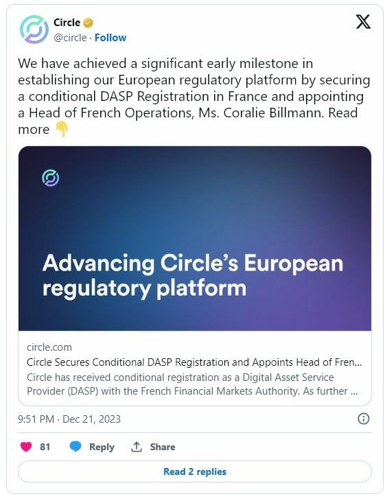 Circle , Coinbase ได้ใบอนุญาต "ผู้ให้บริการสินทรัพย์ดิจิทัล" ในฝรั่งเศส