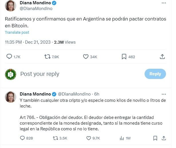 "Bitcoin สามารถใช้เป็นสกุลเงินในสัญญาอย่างเป็นทางการได้" รัฐมนตรีกระทรวงต่างประเทศของอาร์เจนตินากล่าว