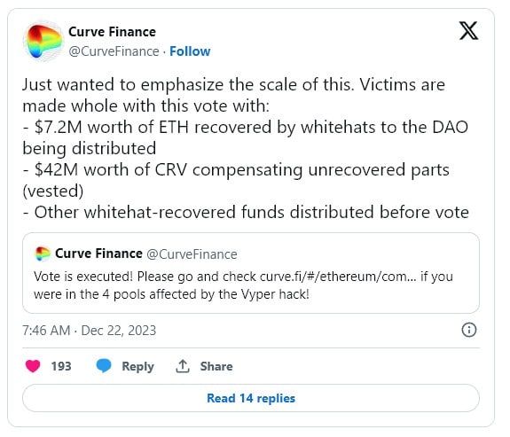 Curve Finance ควักเงินเกือบ 1,700 ล้านบาท เพื่อชดเชยเหยื่อที่ถูกแฮ็ก