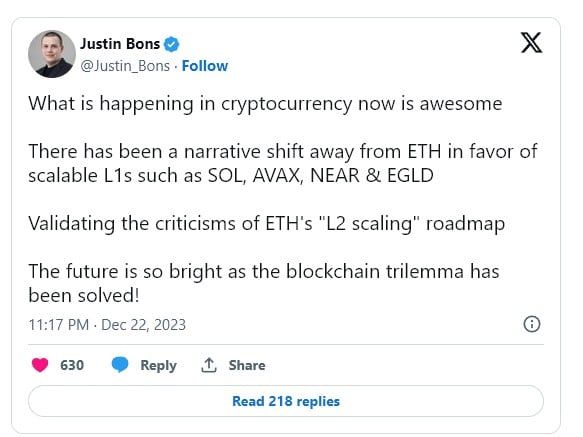 "ทุกสายตากำลังจับจ้องไปที่คู่แข่ง L1 แทนที่จะเป็น Ethereum (ETH)" นักลงทุน Justin Bons กล่าว