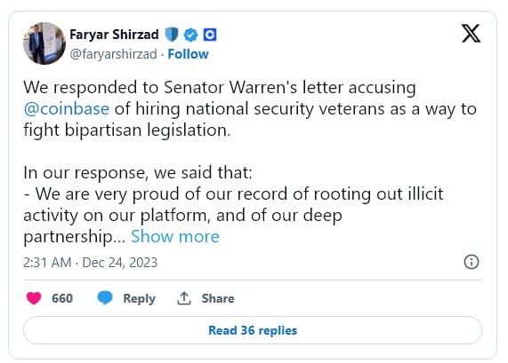 Coinbase ปฏิเสธข้อกล่าวหาของ ส.ว. Elizabeth Warren ยืนยันไม่เคย "บ่อนทำลาย" หรือ "ขัดขวาง" กฎระเบียบสินทรัพย์ดิจิทัล