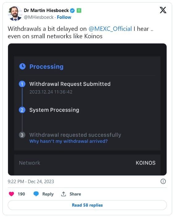 MEXC ยืนยันว่า ไม่มีบัญชี Twitter ของ CEO อย่างเป็นทางการ หลังอยู่ ๆ บัญชี "MEXC_CEO" ก็ถูกลบหายไป
