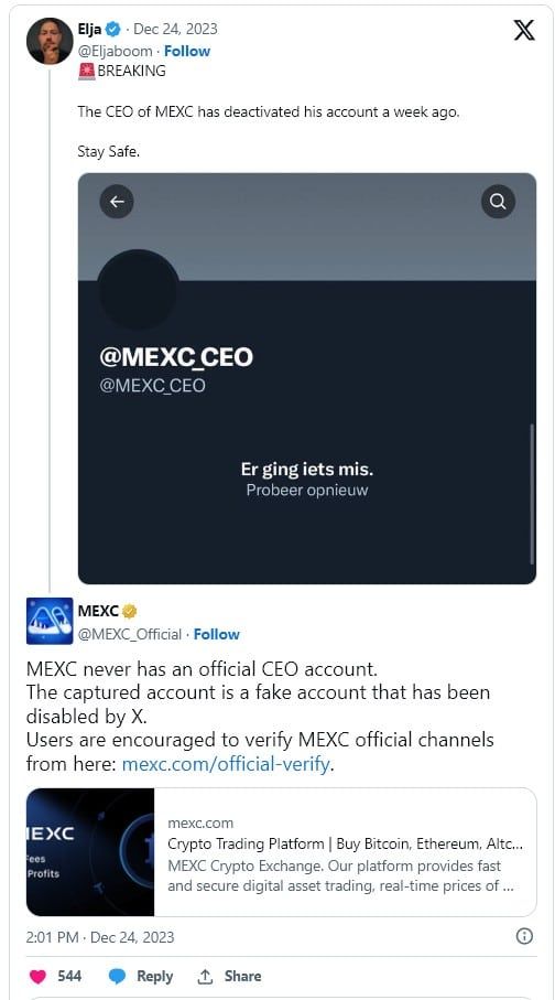 MEXC ยืนยันว่า ไม่มีบัญชี Twitter ของ CEO อย่างเป็นทางการ หลังอยู่ ๆ บัญชี "MEXC_CEO" ก็ถูกลบหายไป