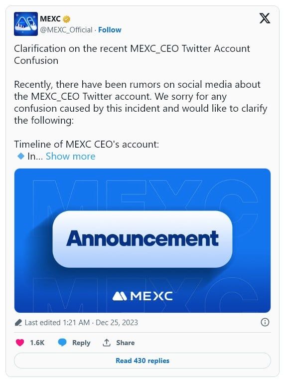 MEXC ยืนยันว่า ไม่มีบัญชี Twitter ของ CEO อย่างเป็นทางการ หลังอยู่ ๆ บัญชี "MEXC_CEO" ก็ถูกลบหายไป