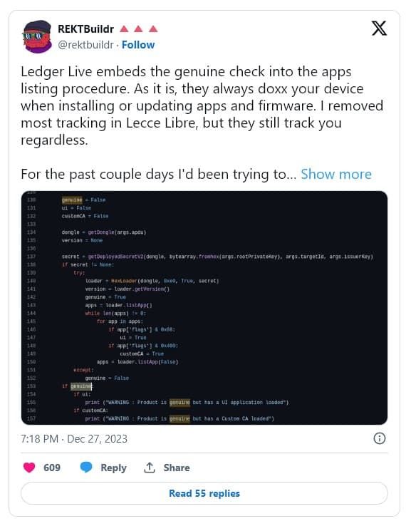 ซอฟต์แวร์ Ledger Live ส่งข้อมูลการใช้กระเป๋า รวมถึงแอปที่ติดตั้ง ทุกครั้งที่เชื่อมต่ออุปกรณ์กับพีซีหรือโทรศัพท์