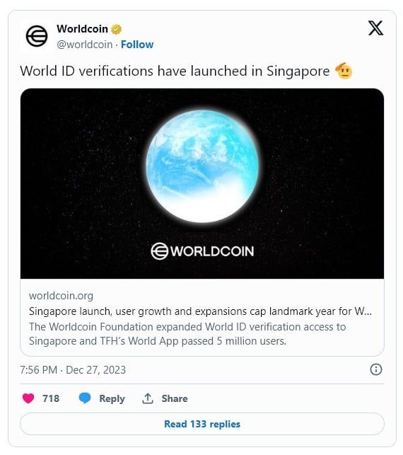 Worldcoin เปิดตัวในสิงคโปร์ หลังหยุดให้บริการในอินเดียชั่วคราว