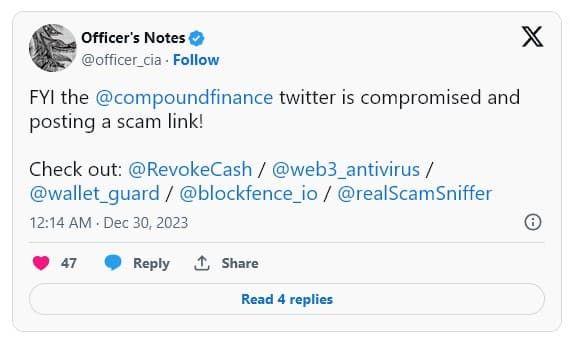 บัญชี X ของ Compound Finance ถูกแฮ็ก พร้อมแปะลิงก์ฟิชชิ่งเพื่อขโมย Crypto