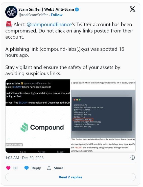 บัญชี X ของ Compound Finance ถูกแฮ็ก พร้อมแปะลิงก์ฟิชชิ่งเพื่อขโมย Crypto