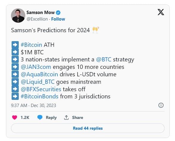 Samson Mow เชื่อว่า Bitcoin จะไปถึงจุดสูงสุดใหม่ ในปี 2024