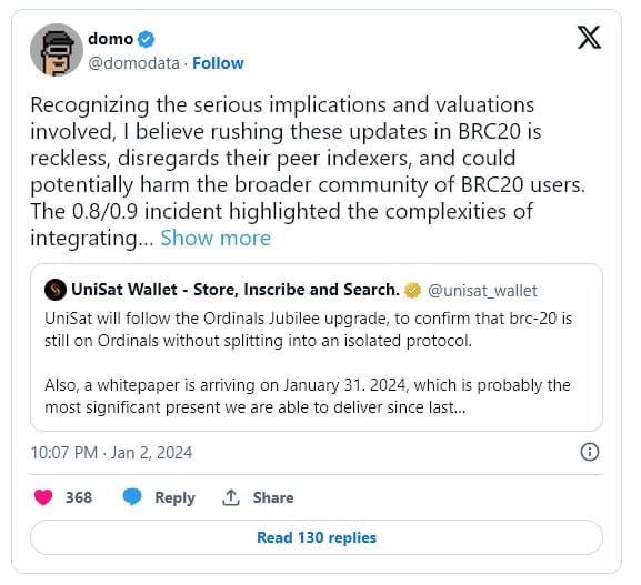 ผู้สร้างมาตรฐาน BRC-20 ออกมาคัดค้านการ Fork ที่กำลังจะเกิดขึ้นที่เสนอโดย UniSat Wallet