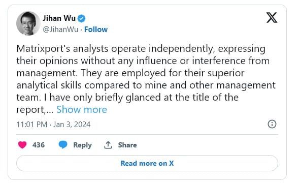 Jihan Wu ผู้ก่อตั้ง Matrixport เผยว่า รายงาน Bitcoin ETF ที่เป็นต้นเหตุให้ตลาดดิ่งวันนี้ 'อยู่นอกเหนือการควบคุมของตน'