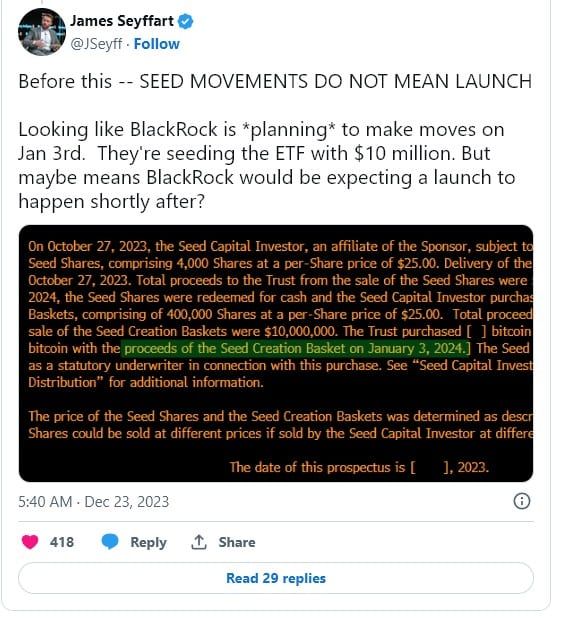 ลือ...BlackRock มีแผนจะซื้อ BTC มูลค่า 10 ล้านดอลลาร์ เพื่อเป็นเงินทุนเริ่มต้นสำหรับ Bitcoin ETF